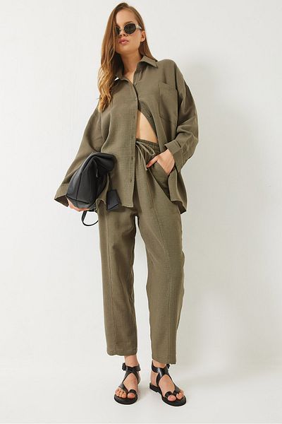Bianco Lucci Γυναικείο πουκάμισο Oversize Φαρδύ παντελόνι Μουσελίνα Κοστούμι από κάτω 9259 60283113