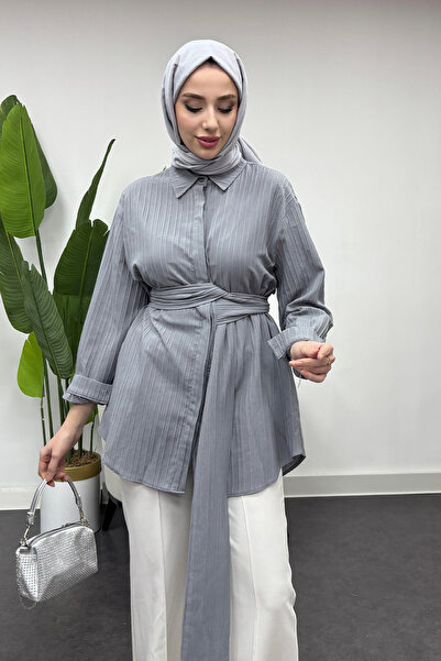 Tesettür Diyarı Kadın Bağlama Detaylı Gömlek -Gri