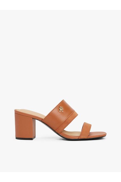 Tommy Hilfiger Women's High Heel Sandals Th Logo Double Strap Leather Brown