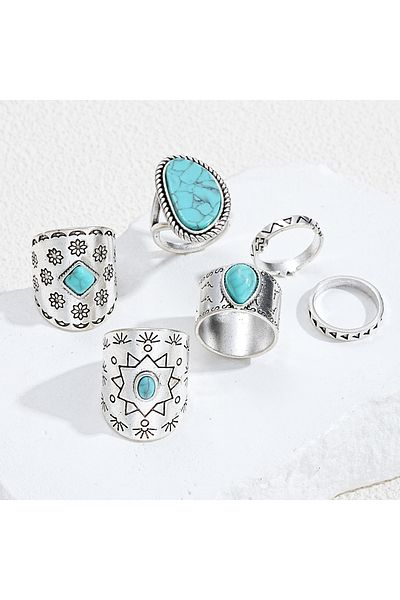 Choice AY6159901HB مجموعة من 10 خواتم عصرية على الطراز الغربي للنساء والرجال على شكل رأس ثور فيروزي عتيق وزهرة اللوتس والشمس