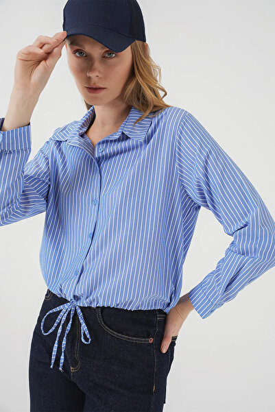 LE CARAMBOLE Жіноча синя сорочка з довгими рукавами, смугаста, з зав'язкою на талії