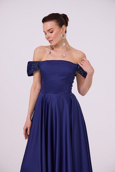 Carmen Navy Blue Low Sleeve Satin Evening Dress