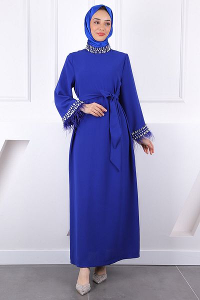 İmajButik Βραδινό φόρεμα Saks με μπλε μανίκια και γιακά με πέτρες