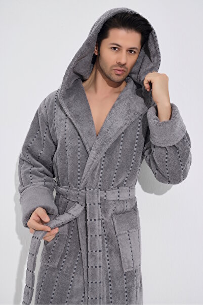 Nuşa Striped Bamboo Cotton Men's Bathrobe with Square Towel