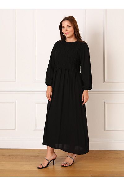 ALİA Plus Size Natural Fabric Gather Detailed Dress - Black - Alia