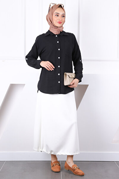 İmajButik Λινό πουκάμισο με μαύρη λαβή με κουμπιά