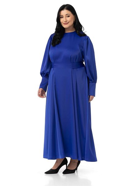 DISENTIS MODEST Large Size Gathered Sleeves Belt Detailed Long Satin Saks Blue Dress