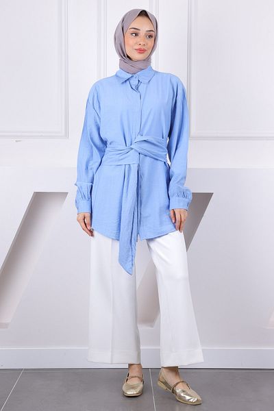 İmajButik Μπλε πουκάμισο με ζώνη μέσης