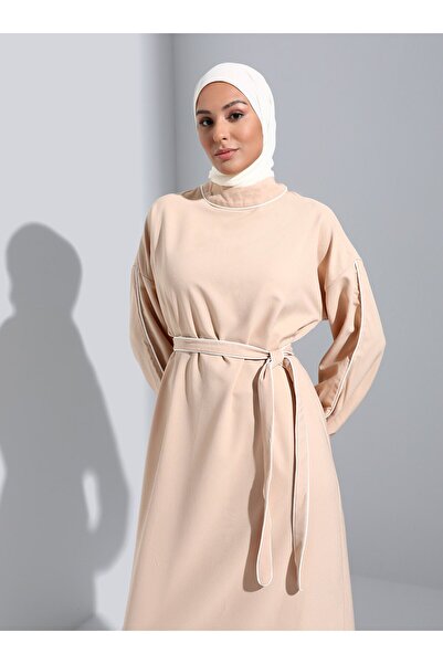 Refka Piping Detailed Crepe Hijab Dress - Macchiato -