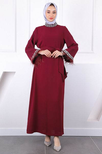 İmajButik Βραδινό φόρεμα με μανίκια και γιακά με πέτρες