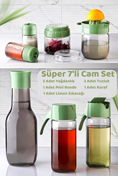 HOMENIVA Yeşil Rainbow 7 Parça Mutfak Seti – Karaf Sürahi Yağlık Rende Limon ...