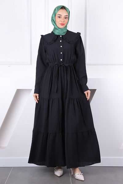İmajButik Μαύρο φόρεμα με γιακά μωρού με ζώνη
