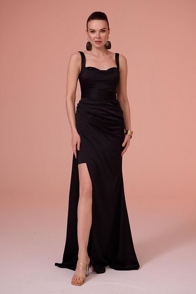 Carmen Black Embroidered Satin Evening Dress