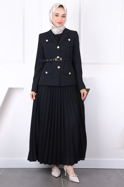 İmajButik Μαύρο Ζώνη Μπουφάν Φούστα Κρεπ Κοστούμι