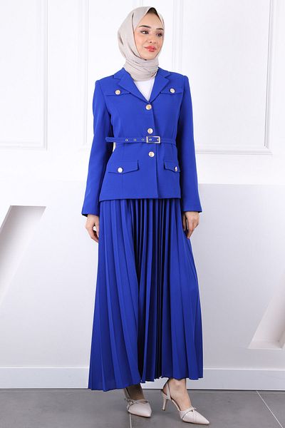 İmajButik Saks Μπλε Ζώνη Μπουφάν Φούστα Κρεπ Σετ