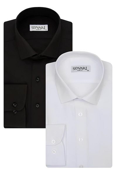 SÜVARİ Σετ πουκάμισα Dobby Slim Fit - 2 τεμαχίων Μαύρο Λευκό