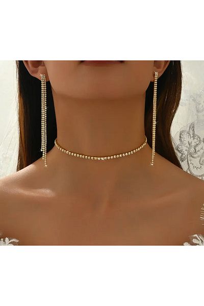Mupten Single Row Necklace 3 Row Earrings Detailed Evening Dress Zircon Waterway Set Set