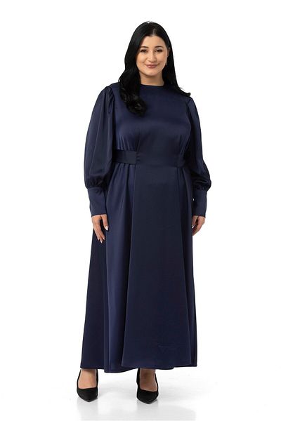 DISENTIS MODEST Plus Size Gathered Sleeves Belt Detailed Long Satin Navy Blue Dress