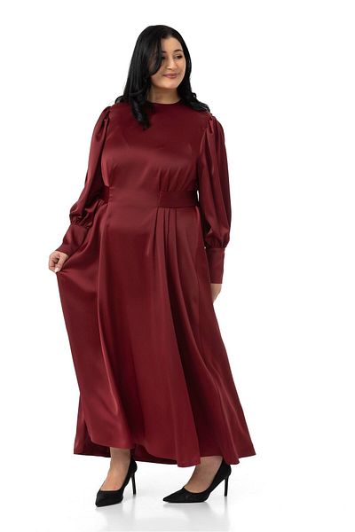 DISENTIS MODEST Plus Size Shirred Sleeves Belt Detailed Long Satin Burgundy Dress