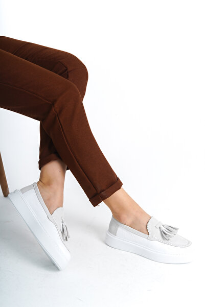 NOSEY SHOES МОДЕЛЬ MARY З БІЛОЇ ШКІРИ З КИТИЦЯМИ НА ТОВСТІЙ ПІДОШВІ ЩОДЕННІ ЖІНОЧІ МОКАСИНИ