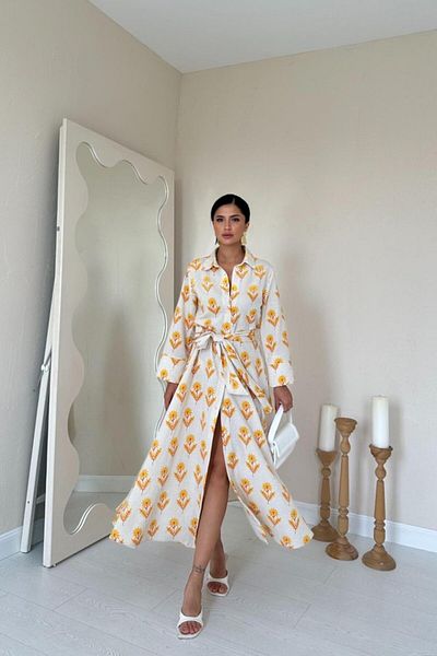 Aemido Beige Print and Buttoned Front Linen Dress