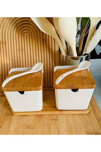 morponi 250ml Porcelain Salt and Pepper Shakers with Bamboo Stand