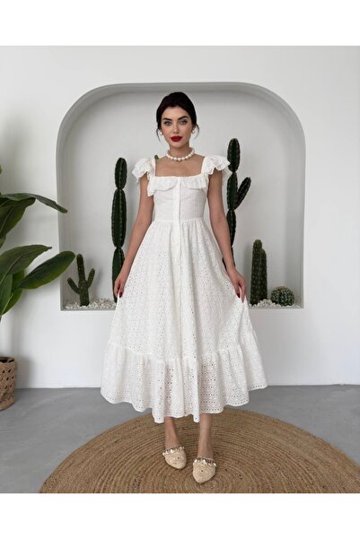 Tumtum Wear Fistolu fırfır detaylı astarlı beyaz elbise