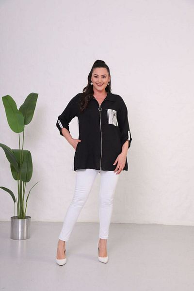 Mezure Zippered Collar Linen Blouse Large Size