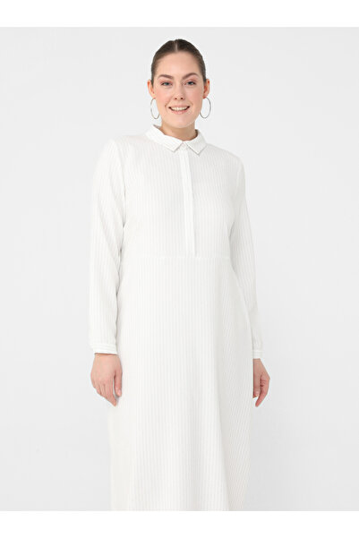 ALİA Women's White Large Size Textured Line Patterned Fit Woven Dress