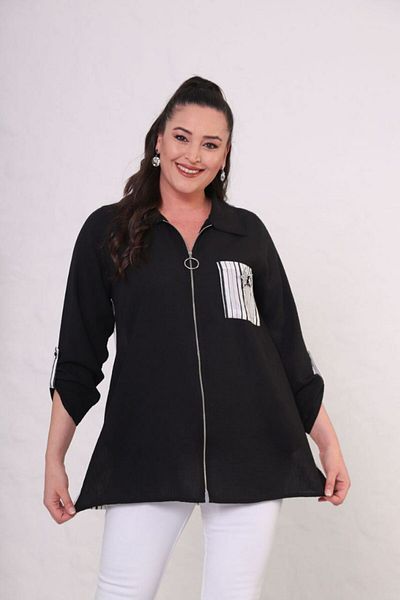 Mezure Zippered Collar Linen Blouse Large Size