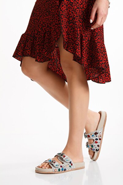 inyola Women's Genuine Suede Leather Stone Detailed Slippers 6305 Beige