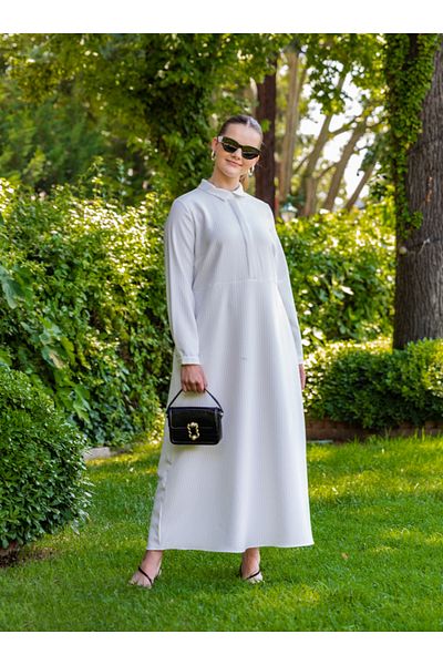 ALİA Women's White Large Size Textured Line Patterned Fit Woven Dress