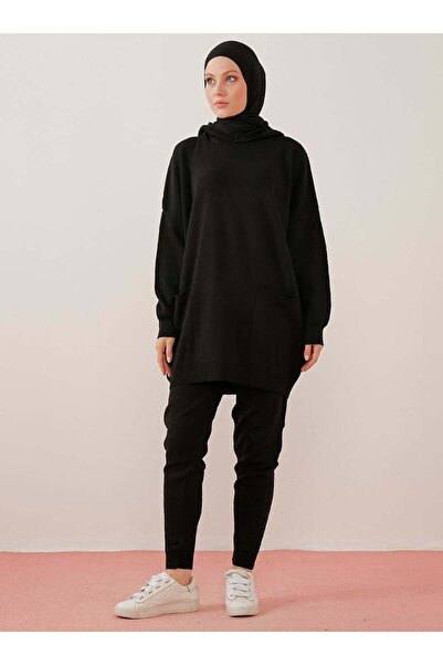 Por La Cara Pocketed & Hooded Tunic & Trousers Double Knitwear Set - Black -