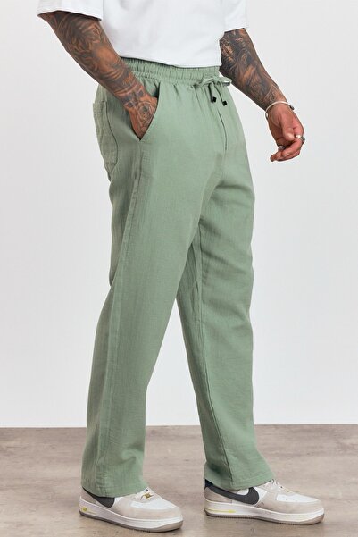 MADZEYMODA Men's Premium Summer Elastic Waist 100% Cotton Green Woven Trousers Ls-23100