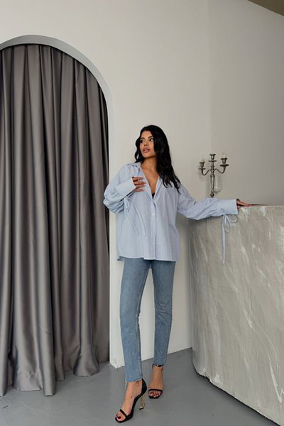 MODAVERA Striped Poplin Shirt with Cuff String Detail - Blue