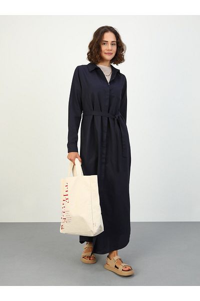Refka Oxford Cloth Hidden Button Long Shirt Hijab Dress - Navy Blue - Benin