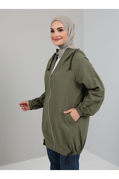 Tavin Khaki Coat - Hooded, Zippered and Elastic Sleeve