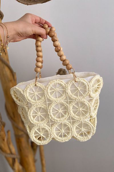 Mila Ecru Hand Knitted Straw Ring Bag