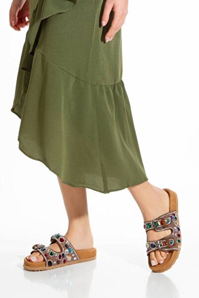 inyola Women's Genuine Suede Leather Stone Detailed Slippers 6305 Beige