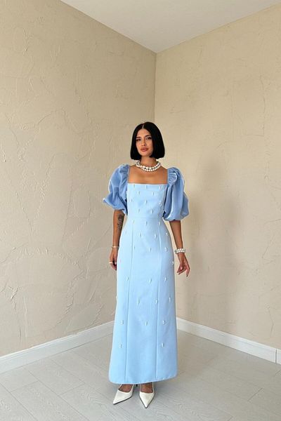 Kokosh moda Rochie cu mâneci brodate albastru baby