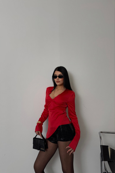 ALPACO Σατέν Μανίκι Μπλούζα Μανσέτα - Κόκκινο