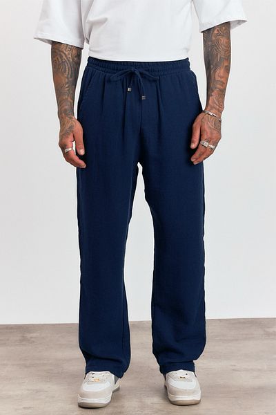 MADZEYMODA Ανδρικό καλοκαιρινό ελαστικό παντελόνι μέσης 100% βαμβακερό μπλε ναυτικό LS-23100