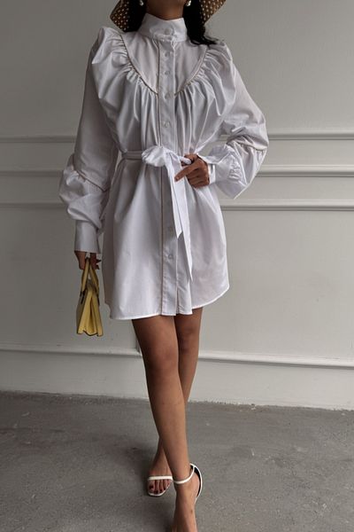 leyla sanat sanata yeni bir bakış açısı Leyla Art Art a New Perspective Front Buttoned Poplin Blouse Dress with Binding Belt Detail - Bey