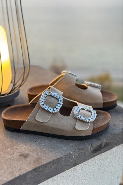 Melissa Boutique Women's Beige Nubuck Leather Crystal Stone Buckle Orthopedic Sole Slippers