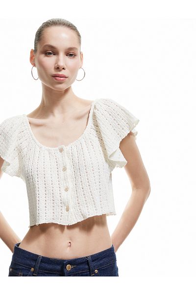 Koton Geknöpfte, schulterfreie, kurzärmlige, durchbrochene Crop-Bluse