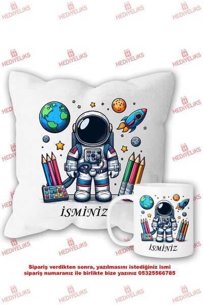 HEDİYELİKS Uzay ve Astronot Temalı Hediyelik Yastık ve Kupa Bardak Seti