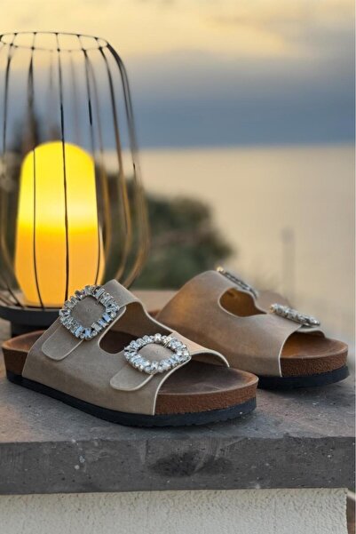 Melissa Boutique Women's Beige Nubuck Leather Crystal Stone Buckle Orthopedic Sole Slippers