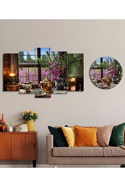 fabriflow exclusive Çiçekli Manzaralı Dekoratif Desenli Mdf Tablo  5 Parça Set Ve saatli