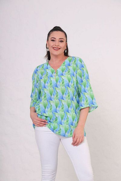 Mezure Patterned Crepe Fabric Blouse with Zippered Collar Large Size