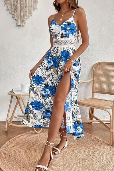 Mossta Blue Patterned Slit Dress - İpar Strap Waist - Denli
